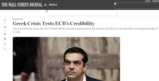 WSJ: «Η ελληνική κρίση δοκιμάζει την αξιοπιστία της ΕΚΤ»