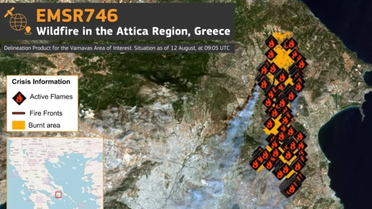 Copernicus: Ο χάρτης της καταστροφής – Στα 23 χιλιόμετρα εκτείνονταν η φωτιά με 168 μέτωπα (tweet)